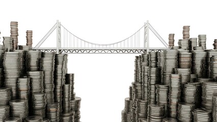 Obraz premium Bridge Made of Coins Connecting Two Stacks of Money.