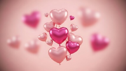 Pink and red heart balloons floating in the air on a soft pink background for valentines day or love themed designs