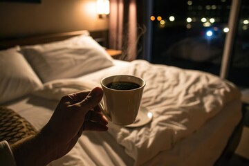 hand hold coffee cup in bedroom at night. Insomnia due to caffeine