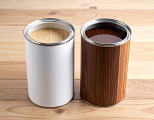 Two open cans with different wood coatings, light and dark, stand side by side on wooden floor, symbolizing the choice of finish for renovation.