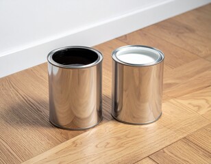 Two open cans with different wood coatings, light and dark, stand side by side on wooden floor, symbolizing the choice of finish for renovation.
