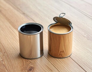 Two open cans with different wood coatings, light and dark, stand side by side on wooden floor, symbolizing the choice of finish for renovation.