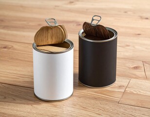 Two open cans with different wood coatings, light and dark, stand side by side on wooden floor, symbolizing the choice of finish for renovation.