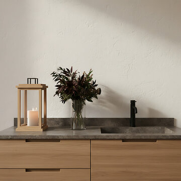 Minimalistic bathroom featuring a marble basin with black faucet and mirror, flower mockup-ready countertop can serve as a display stand for bathroom products  3d Rendering, Modern Luxury Bathroom 