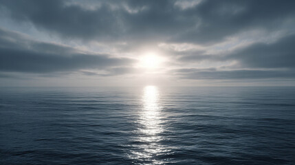 Fototapeta premium Tranquil Scene of Endless Ocean under Calm Clouds Glowing with Faint Sunlight Reflected on Serene Water Surface