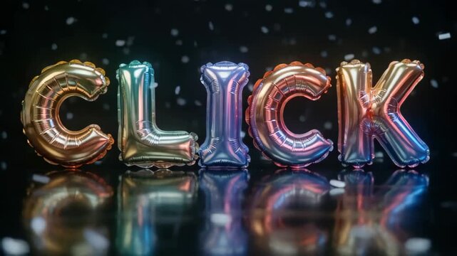 Colorful metallic balloons spelling the word 'CLICK' against a dark background with confetti falling