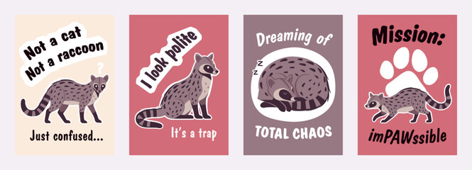 Fototapeta premium Cute civet funny slogan poster banner set. Inspirational quote, T-shirt printing, motivational copybook covers ready design, creative banner typography, tote bag, flyer decor. Vector illustration