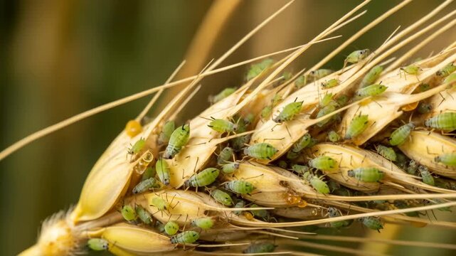 Close-up of Wheat Head Heavily Infested with Green Aphids, Demonstrating Crop Damage and Agricultural Pest Problems