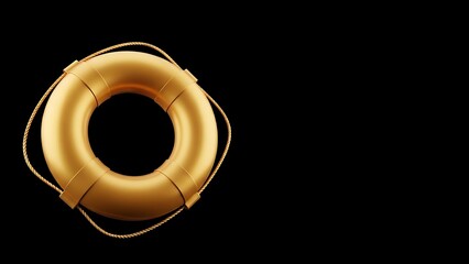 Golden Lifebuoy Floating Isolated on a Black Background.