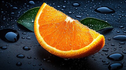 A close-up of an orange slice, with water droplets on it, creating a vibrant and refreshing visual effect. The background is dark blue to accentuate the fruit's bright color.