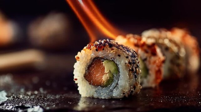 Close-up sushi rolls with sesame seeds on a glossy black surface; cucumber-filled inside-out roll..