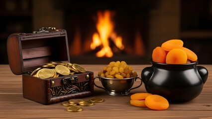 Treasure Chest Filled With Gold Coins And Dried Apricots By A Fireplace.