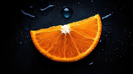 A close-up of an orange slice, with water droplets on it, creating a vibrant and refreshing visual effect. The background is dark blue to accentuate the fruit's bright color.