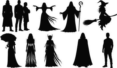 Silhouette set of fantasy characters, witch on broom, wizard with staff, dark hooded figures, sorceress, gothic people, and mystical magic creatures. © Mim's World