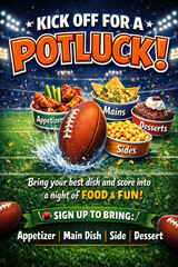 Promotional Potluck Flyer with American Football Theme Featuring Football, Burger, Appetizers, Sides, Desserts, and Invitation for a Food and Fun Game Event
