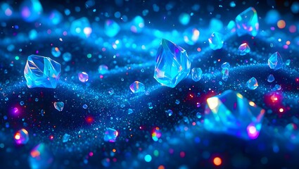 Glowing crystal floating in digital particle field, quantum computing concept, futuristic sci-fi visualization