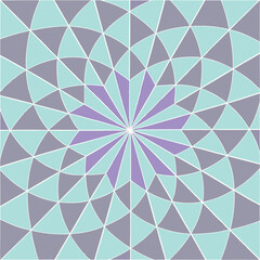 Geometric pattern featuring repeating shapes and a central floral motif in cool tones