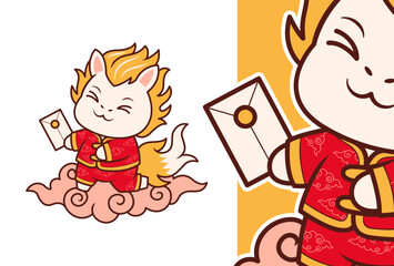 Cute Kirin Character Holding Envelopes for Lunar New Year Celebration