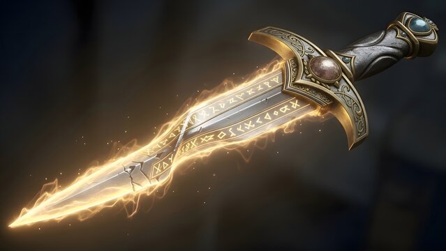 Enchanted magical dagger with ancient runes and golden energy glow against dark background