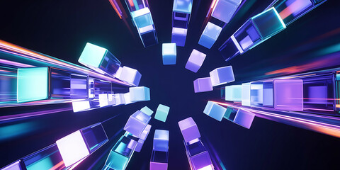 Swirling vortex of glowing cubes and light streaks in purple and cyan tones abstract