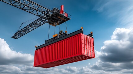 Container crane lifting red cargo industrial site aerial view cloudy sky heavy machinery
