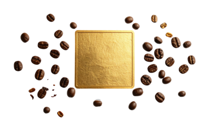 Roasted coffee beans scattered around a textured, gold square