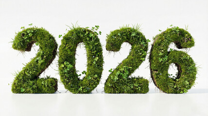 2026 New Year white numbers standing in green grass field with sunrise nature background