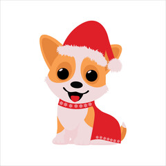 Smiling Corgi with Scarf and Santa Hat