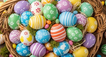Obraz premium Vibrant Easter Egg Collection Displayed in a Woven Basket for Festive Holiday Celebration