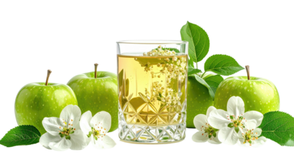 A glass of golden liquid with green apples and flowers