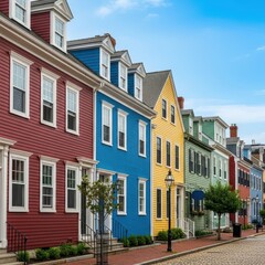 Obraz premium Vibrant facades of historic homes in a quaint neighborhood under a serene blue sky
