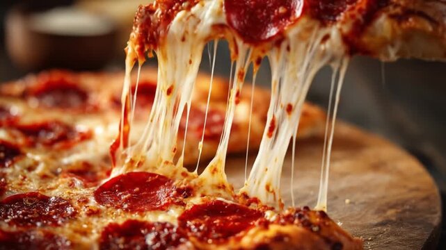Closeup view of a pepperoni pizza with gooey melted cheese stretching between slices and pepperoni