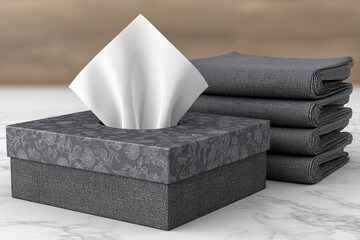 Decorative tissue box and stack of towels on marble surface