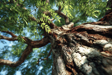 Majestic tree with sunlit leaves and textured bark from ground view