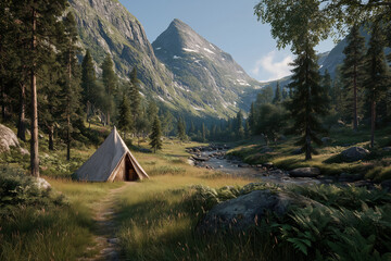 Serene mountain landscape with tent by river in forested valley
