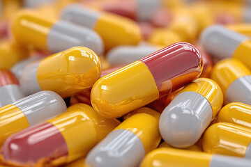 Close-up of yellow and red capsules in a pile