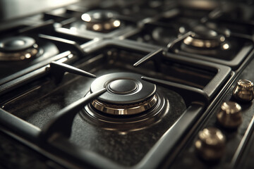 Close-up view of a modern stainless steel gas stove in a kitchen setting