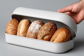 Hand opening bread box with assorted fresh baked bread loaves on gray background