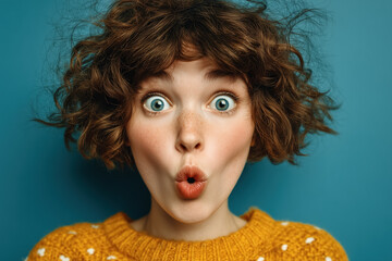 Surprised young woman with curly hair in yellow sweater on blue background