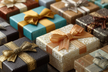 Elegant gift boxes with decorative ribbons in various colors and patterns