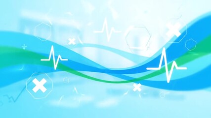 Abstract medical background with heart beat waves and geometric shapes in blue and green tones - Powered by Adobe