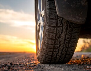 Close-up of a car tire on a gravel road against a sunset