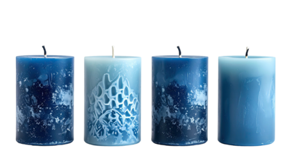 Four cylindrical candles in varying shades of blue, all unlit