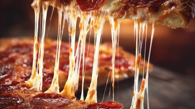 Closeup slice of pepperoni pizza with gooey molten cheese stretching between bites and steam rising
