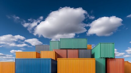 Shipping container stacks in industrial yard under blue sky and clouds
