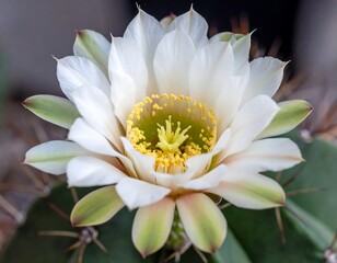 Close-up of a delicate white and yellow cactus bloom, centered