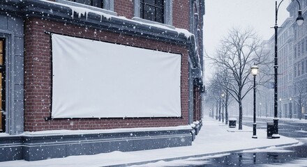 Blank outdoor advertising banner mockup mounted on a red brick building during heavy winter snowfall.