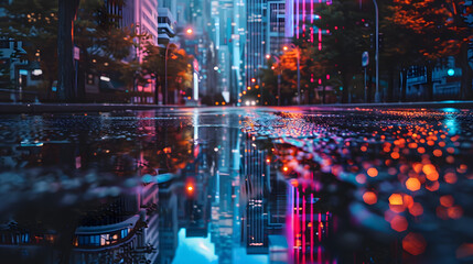 Obraz premium cinematic low angle ground view wet asphalt with neon light