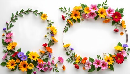 Fototapeta premium Colorful Botanical Arrangement of Vibrant Flowers with Leaves in Circular Designs for Creative Projects and Floral Compositions