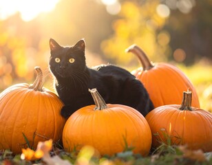 Black feline rests among vibrant orange pumpkins, sunlit autumn scene